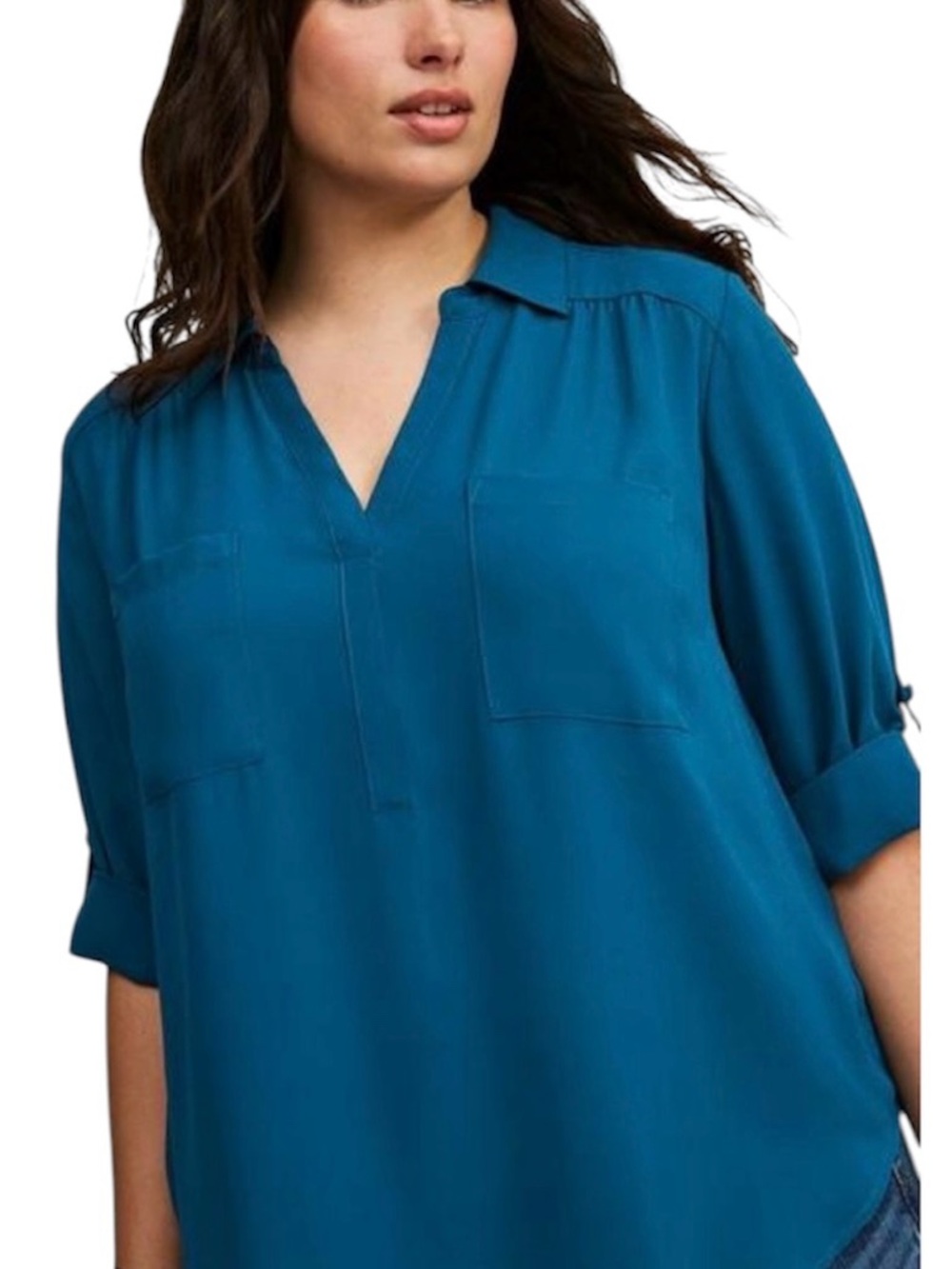 Torrid HarperTeal V-Neck Button-Tab Sleeve Blouse sz 1x - Picture 2 of 3